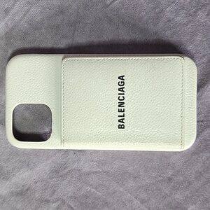 Balenciaga White Cream Leather Black Logo Phone Case Card Holder Wallet